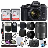 Canon EOS M5 Mirrorless Digital Camera + EF-M 18-150mm f/3.5-6.3 IS STM Lens (Graphite) + SanDisk 64GB + 55mm Wide Angle & 2x Lens + Wireless Remote + Quality Tripod + Slave Flash + Accessories Bundle
