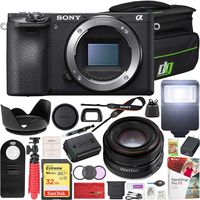 Sony Canon a6500 4K Mirrorless Camera Body Bundle with Vivitar 50MM F2.0 SLR Lens, 32GB Memory Card, Paintshop Pro 2018, Flash, Camera Bag, 49mm Filter Kit, Remote Control and Lens Hood