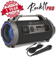 Woozik Rockit Pro Bluetooth Speaker, Indoor Outdoor Wireless Boombox with FM Radio, and Micro SD Card, USB, MIC, and Aux 3.5mm Support, Microphone for Karaoke Machine, Party, LED Lights and Subwoofer