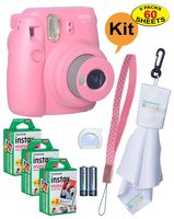 Fujifilm Instax Mini 9 Instant Film Camera + 20 Sheets of Instant Film + Lens Cleaning Cloth + Close-Up Selfie Lens + Wrist Strap | Batteries Included - Pink