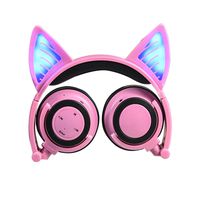 Wireless Bluetooth Cat Ear Headphones, Topways Flashing Glowing Cosplay Fancy Cat Headphones Foldable Over-Ear Earphone with LED Flash Light for iPhone 7/6S/iPad,Android Mobile Phone,MacBook (Pink)