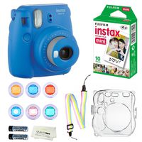 Fujifilm Instax Mini 9 Instant Camera (Cobalt Blue) + 10 Fuji Instant Film Sheets + Convenient Instax Clear Case W/ Rainbow Strap + 6-Color Lenses & More