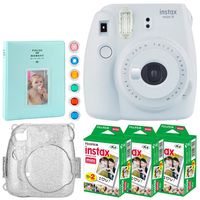 Fujifilm instax Mini 9 Instant Film Camera (Smokey White) + Fujifilm Instax Mini Twin Pack Instant (60 Shots) + Hard Case with Glitter + 6 Piece Colored Lens Filters + Large Album - Accessory Bundle