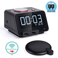 Homtime Alarm Clocks with Wireless Shaker: 3 Level Intense Vibrating Shaker for Heavy Sleepers/Deaf/Hearing Disorder - Digital Alarm Clocks with Speaker & Dual Charging Ports (Black)