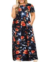 Nemidor Women Short Sleeve Loose Plain Casual Plus Size Long Maxi Dress with Pockets (Navy-Print, 22W)