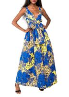 Rebecca Women's Africa DIY Band Floral Print Backless Sleeveless Split Dress Lace High Waist Adjustable Straps Bohemia Dress(Long Style Light Blue)