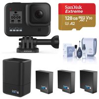 GoPro HERO8 Black, Waterproof Digital Sports and Action Camera with Touch Screen 4K UHD Video 12MP Photos, Power Bundle with Dual Charger, 3 Extra Batteries, 128GB microSD Card, Cleaning Kit