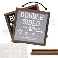 Rustic Wood Frame Gray Felt Letter Board 12x12 inches. Dark Brown. Pre-Cut White Letters. Additional Symbols & Emojis, Letter Storage Case, Vintage Farmhouse Block Stand