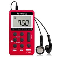 Retekess V112 Pocket AM FM Radio Digital Tuning Mini Small with Earphone Rechargeable Battery for Walk Kids Senior(Red)