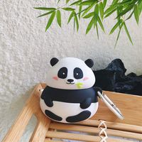 ICI-Rencontrer 3D Creative Distinctive Vivid Eating Bamboo Panda Cartoon Animals Design Airpods Case Cute Soft Silicone Wireless Charging Earphone Shockproof Protector With Hook Black And White