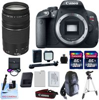 Canon EOS T5i + Canon 75-300mm f/4-5.6 III Telephoto Zoom Lens + 2 32GB Transcend SD Memory Cards + LED Video Light + Spare LP E8 Battery + DSLR Sling Bag & More - International Version