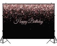 BackdropsOnline 8x6ft Happy Birthday Photography Backdrop Black and Rose Gold Sparkle Glitter Dots Birthday Party Banner Dessert Table Decoration Photo Studio Booth Background for Pictures