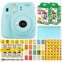 Fujifilm Instax Mini 9 Instant Camera (Ice Blue) + Fujifilm Instax Mini Twin Pack Instant Film (40 Shots) + Scrapbooking Album + 20 Sticker Frames Emoji Package + Emoji Photo Peg Pins + Stickers