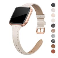QusFy Genuine Leather Bands Compatible with Fitbit Versa 2 / Fitbit Versa Lite & SE/Fitbit Versa, Slim Thin Leather Band Replacement Strap for Versa Women (5.7" - 7.8"), Black, Champagne, Rose Gold
