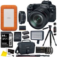 Canon EOS R 24-105mm IS USM Mirrorless Camera with EF Lens Adapter, Lacie Rugged 2TB Hard Drive, Lexar 64GB Memory Card, Video Light, Filter Kit, Tripod, Spare Battery, Camera Bag, Cleaning Kit Bundle