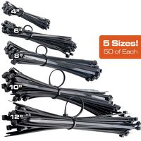 Pro-Grade, Black Zip Ties Multisize Set of 250. High-Strength Cable Tie Pack Has 50x 4 6 8 10 12 inch UV-Resistant Nylon Fasteners. Durable Wraps For Storage, Organization and Wire Management.