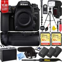 Nikon 1581 D7500 20.9MP DX-Format 4K Ultra HD Digital SLR Camera Body Bundle with 2X 32GB Memory Card, Automatic Flash, 2X Battery, Microphone, 1 Year Extended Warranty and Accessories (14 Items)