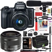 Canon EOS M50 Mirrorless Camera with 4K Video and EF-M 15-45mm Lens Kit (Black) and Deco Gear Deluxe Travel Gadget Bag Case + Microphone + Monopod + Filter Set + 64GB Memory Card Accessory Kit Bundle