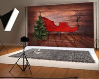 Laeacco 10x6.5ft Vinyl Backdrop Red Wooden Christmas Sleigh Photography Background Green Xmas Tree Vintage House Interior Wooden Wall Floor Stripe Rustic Background Photo Studio Props Portrait