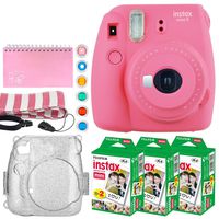 Fujifilm Instax Mini 9 Instant Camera (Flamingo Pink) + Fujifilm Instax Mini Twin Pack Instant Film (60 Exposures) + Glitter Case + Scrapbook Album + 6 Colored Lens Filters + Neck Strap - Full Bundle