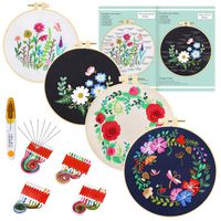 Caydo 4 Sets Full Range of Embroidery Starter Kit with Pattern and Instructions, Cross Stitch Kit Include Embroidery Clothes with Floral Pattern, Plastic Embroidery Hoops, Color Threads and Tools