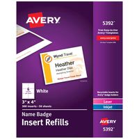 Avery Name Badge Inserts, Print or Write, 3" x 4", 300 Cardstock Refills (5392), White