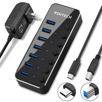 Powered USB HUB RSHTECH Type C to 7 Port USB 3.0 Hub Aluminum Portable Splitter with Individual On/Off Switches (7-Ports)