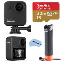 GoPro MAX Waterproof 360 Camera + Hero Style Video with Touch Screen, Spherical 5.6K30 UHD Video 16.6MP 360 Photos 1080p Live Streaming Bundle with Hand Grip, 32GB microSD Card, Cloth