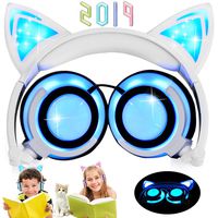 Kids Headphones, Wired Headphones with Cat Ears for Kids Girls Boys Gifts, Headband Built-in LED Flashing Light Foldable Adjustable On Ear Headsets, Earphones Compatible Android iOS iPad Tablet (Blue)