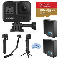 GoPro HERO8 Black, Waterproof Action Camera with Touch Screen 4K UHD Video 12MP Photos, Tripod Bundle with GoPro 3-Way 3-in-1 Mount, 2 Extra Battery, 128GB microSD Card, Cleaning Kit