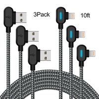 90 Degree Lightning Cable 10ft Right Angle iPhone Charging Cable with Blue LED Light 3 Pack Nylon Braided USB Data Charger Cable Fast Charge Cord Compatible iPhone Xs MAX XR X 8 7 6s (Black Gray,10ft)