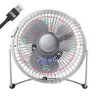 Creative Clock Fan, Small USB Desk Fan with Clock and Temperature LED Light Display, Personal Table Fan Quiet, 7 Inch, Grey