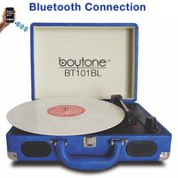 Boytone BT-101BL Bluetooth Turntable Briefcase Record Player AC-DC, Built in Rechargeable Battery, 2 Stereo Speakers 3-Speed, LCD Display, FM Radio, USB/SD,RCA, AUX / MP3, Encoding, 110/220 Volt.