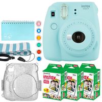 Fujifilm Instax Mini 9 Instant Camera (Ice Blue) + Fujifilm Instax Mini Twin Pack Instant Film (60 Exposures) + Glitter Hard Case + Scrapbook Album + 6 Colored Lens Filters + Neck Strap - Full Bundle
