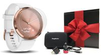 Garmin vivomove HR Sport (Rose Gold - Small/Medium) Hybrid Smartwatch Gift Box Bundle | with PlayBetter Screen Protectors (x4), PlayBetter USB Wall/Car Adapters, Hard Case | Black Gift Box, Red Bow