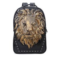 3D Print Animal Studded Backpack, PU Leather Cool Backpack Bookbag (Lion-Gold)
