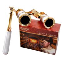 HQRP Opera Glasses s w/Crystal Clear Optic (CCO) 3 x 25 with Built-in Foldable Handle and Red Reading Light (White-Pearl with Gold)