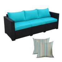 3-Seat Patio PE Rattan Wicker Couch - Outdoor Rattan Sofa Furniture w/Steel Frame and Turquoise Cushion