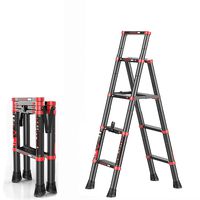 Telescoping Ladder A-Frame Extension Portable Aluminum Folding Herringbone Indoor Multi-Function Step Ladder 330lb Load Capacity for Home Loft Office (Red Black 4+5)