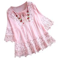 Clearance! Womens Plus Size Vintage Lace Patchwork Bow T-Shirt Casual Loose V-Neck Floral Three Quarter Blouses Top S-5XL (Pink, X-Large)