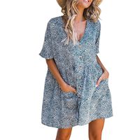 Bxzhiri Women Casual V Neck Single Breasted Short Sleeve Mini Beach Sundress with Pocket Navy