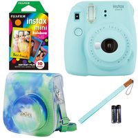 Fujifilm Instax Mini 9 Instant Camera - Ice Blue, Rainbow Instant Mini Film Instax Watercolor Groovy Camera Case Bundle