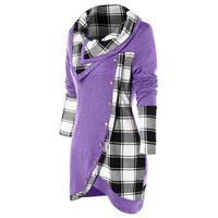 Adreamess Women Blouse Winter Long Sleeve Plaid Patchwork Turtleneck Tartan Tunic Sweatshirt Pullover Tops Purple