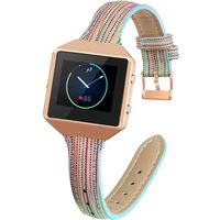 YiJYi Slim Woven Leather Bands Compatible with Fitbit Blaze,Chic Canvas Fabric Band Plus Soft Leather Lining Replacement Strap Wristband (Rainbow/Rose Gold Frame)