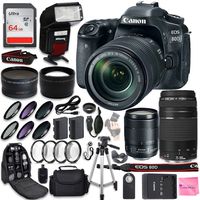 Canon EOS 80D DSLR Camera Quadruple Lens Photographer PRO BUNDLE + Canon EF-S 18-135mm f3.5-5.6 + Canon EF 75-300mm f4-5.6 III + .43 Wide Angle & 2.2 Telephoto Lens + Filter Kit + 64GB Card + CW Cloth