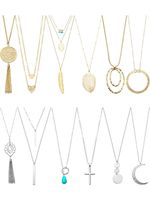 Hicarer 12 Pieces Long Pendant Necklace Set Y Tassel Leaf Circle Bar Necklace for Women (Round)