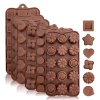 Silicone Chocolate Candy Molds: Silicone Baking Molds for Cake, Brownie Topper, Hard & Soft Candies, Gummy, Jello, Keto Fat Bombs - Hearts, Stars, Flowers, Emojis, Fun Shapes in Brown Trays, 6 Pack