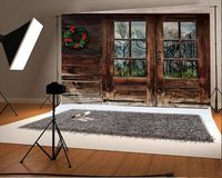 Laeacco 10x6.5ft Vinyl Backdrop Rustic Wood Cabin with Christmas Wreath Decoration Photography Background Old Wooden House Shabby Window Door Walls Background Adult Children Baby Photo Studio
