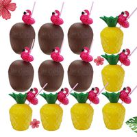 G.CORE 12PCS Leak Prevention Pineapple Drink Cups Hawaiian Luau Plastic Coconut Cups with Flamingo Straws, Hawaii Party Cups Beach Events Children's Party