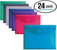 24 Plastic Envelopes, Reusable Poly Envelopes, Letter Size, Assorted Colors, Transparent, Side Loading, with 1" Gusset for Extra Capacity, Hook and Loop Closure, by Better Office Products